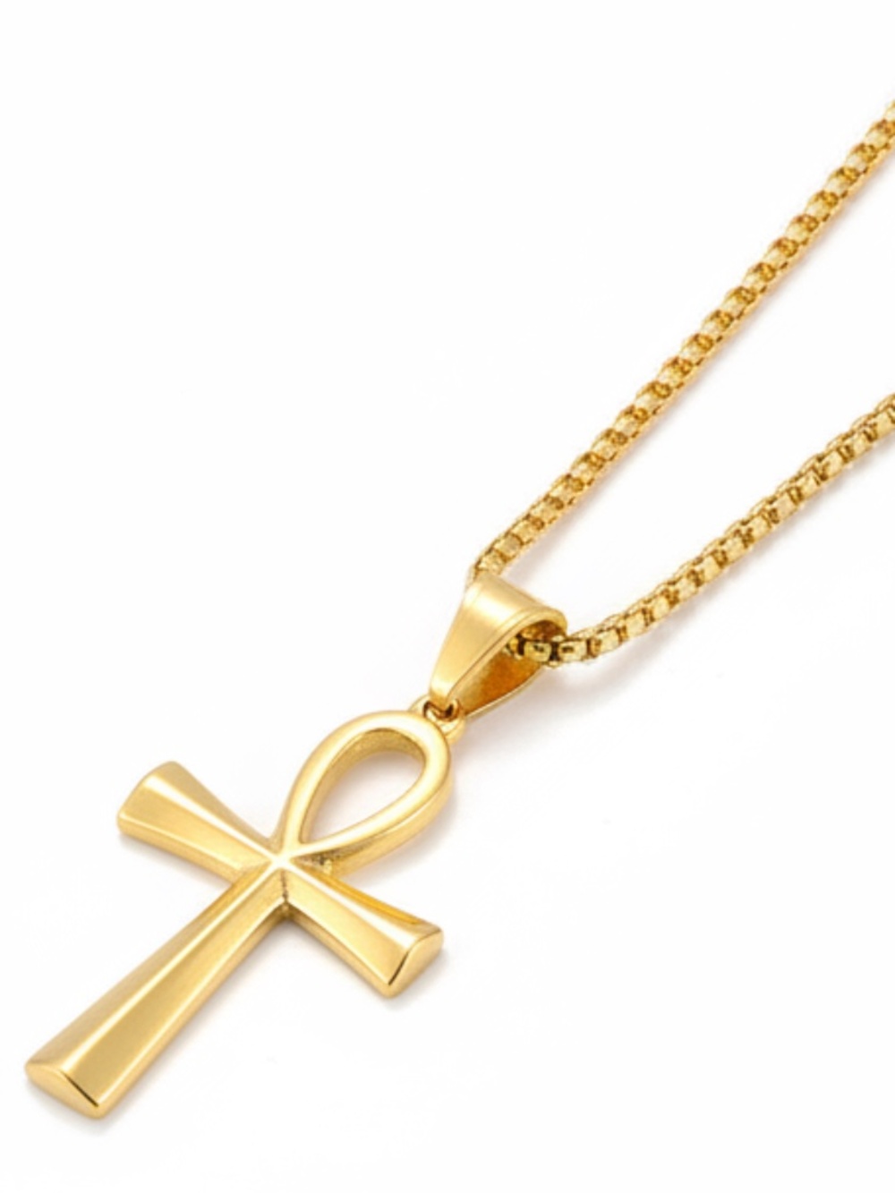 Mens Stainless Steel Gold Ankh Pendant Necklace with Box Chain